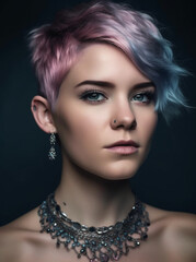 Bella donna con taglio di capelli corto colore rosa e viola