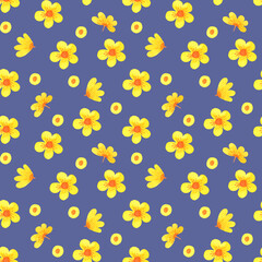 Yellow flowers, seamless pattern, cartoon watercolor illustration.