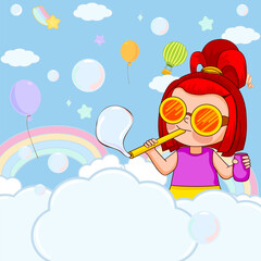 card with a cartoon image of a bright girl with cute bubbles against the sky