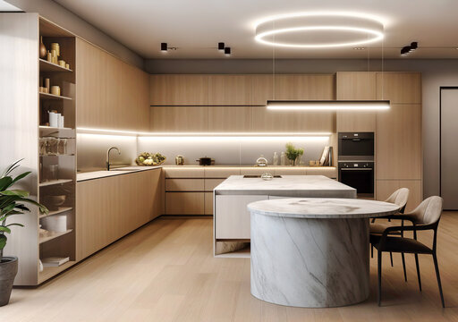 Modern interior design of wooden minimalist kitchen with island, round stone dining table and chairs. Created with generative AI