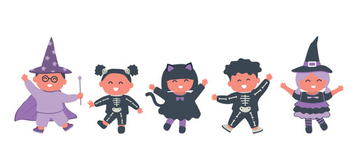 Halloween kids party. Children in halloween costumes: witch, cat, wizard, skeleton. Kids dance. Vector illustration