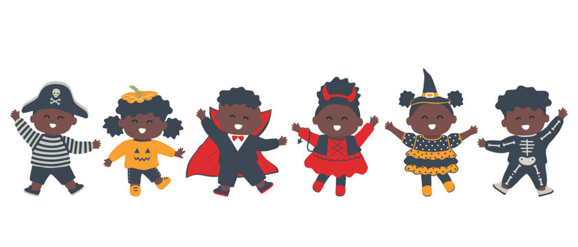 Halloween kids party. Cute black children dance in halloween costumes. Witch, pirate, pumpkin, vampire, imp and skeleton in the image. Vector illustration
