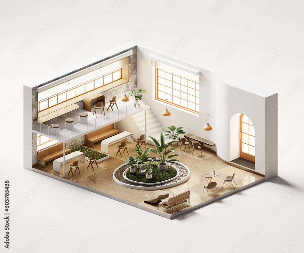 Aufkleber isometric view meeting room workspace open inside interior architecture, 3d rendering digital art.