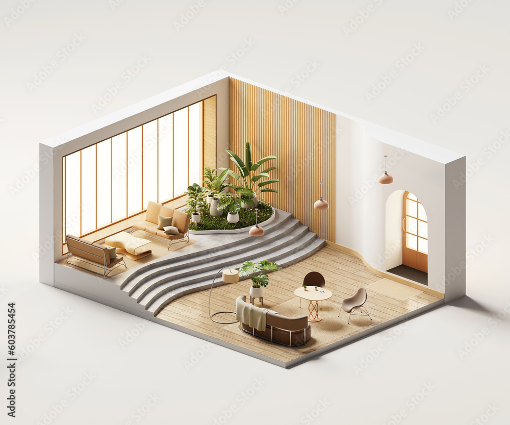 Poster isometric view meeting room workspace open inside interior architecture, 3d rendering digital art.