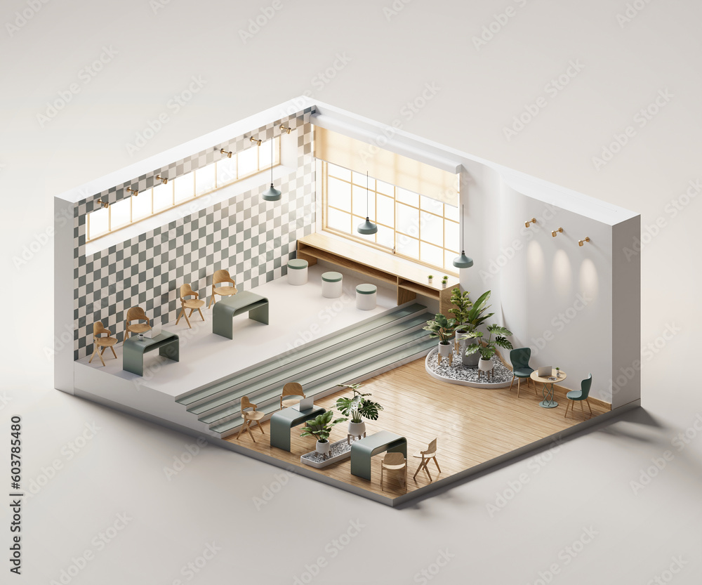 Poster isometric view meeting room workspace open inside interior architecture, 3d rendering digital art.