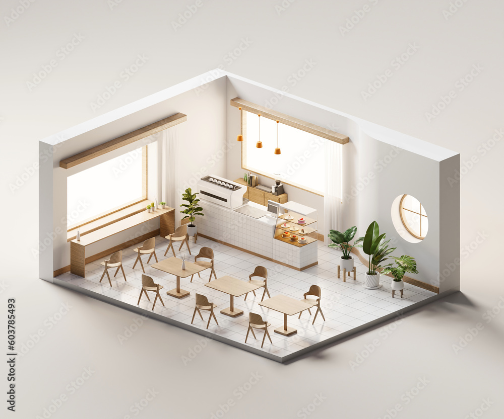 Poster isometric view minimal cafe store open inside interior architecture, 3d rendering digital art.
