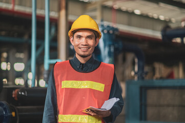 portrait of Asian man engineer construction concept, Asian man engineer in construction site, Worker in building construction site, worker helmet confident copy spec, worker in safety suit at work