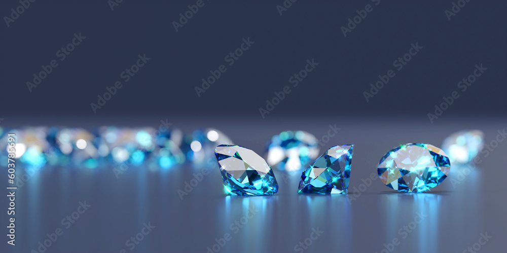 Poster group of blue diamond sapphire placed on glossy background main object focus 3d rendering