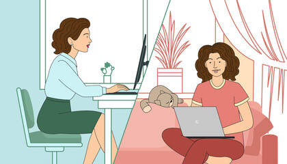 Business woman at hybrid job sitting at table between office and home cozy environment, vector illustration in flat cartoon style