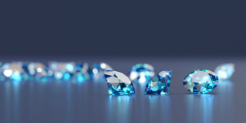 Group of Blue diamond sapphire placed on glossy background main object focus 3d rendering - obrazy, fototapety, plakaty