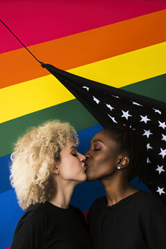 Generative AI background illustration of Happy lesbians one caucasian one black kissing for during pride gay