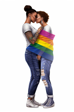Generative AI background illustration of Happy lesbians one caucasian one black kissing for during pride gay