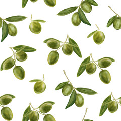 Watercolor olive branches, leaves and fruit seamless pattern. Hand-drawn background.