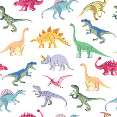 Seamless pattern with bright dinosaurs including T-rex, Brontosaurus, Triceratops, Velociraptor, Pteranodon, Allosaurus, etc. Isolated on white Trend illustration for kid