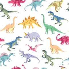 Fototapete Dinosaurier Seamless pattern with bright dinosaurs including T-rex, Brontosaurus, Triceratops, Velociraptor, Pteranodon, Allosaurus, etc. Isolated on white Trend illustration for kid