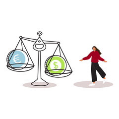 A woman stands in front of a balance that has the word euro on it.