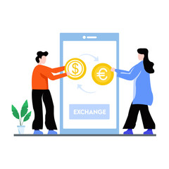 Currency exchange concept. Man and girl exchange dollars for euros, international trade and consequences of globalization. Modern technologies and non cash transfers. Cartoon flat vector illustration