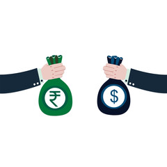 A hand holding a bag of money with a rupee and dollar signs on it.