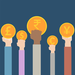 Illustration of hands holding coins with different currencies