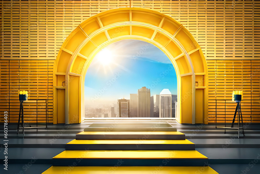 Poster abstract sunny yellow background with shadows and bright sunlight. minimal showcase scene with stair