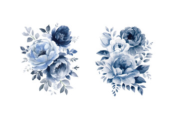 Watercolor navy blue flowers set, vintage vector flowers collection.