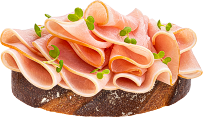 Pork ham slices on rye bread isolated on white background with clipping path