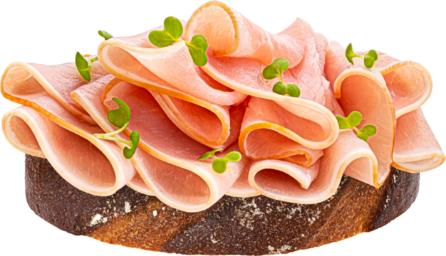 Pork ham slices on rye bread isolated on white background with clipping path