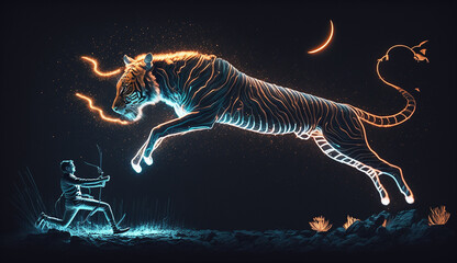 a angry tiger jump neon illustration AI generated