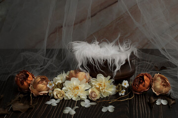 Newborn digital backdrop with handmade flowers and wooden basket. Newborn background. front view....