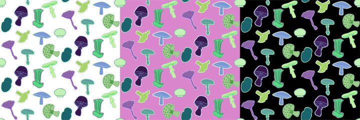 Tree variation vector seamless pattern, with mushrooms