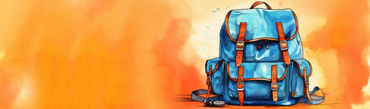 Blue school backpack on blue and orange background, back to school concept with copy space, watercolour illustration Generative AI