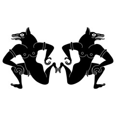 Symmetrical animal design with two fantastic wolf men. Ancient Etruscan vase painting motif. Black and white silhouette.