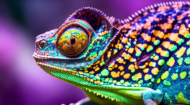 A colorful common chameleon perched on a branch, showing its intricate multi-hued reptilian skin.