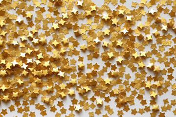 Golden star sprinkles flat lay background gold. Generative AI.