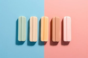 Obraz premium Ice cream sticks on pastel colors background, flat lay. Generative AI.