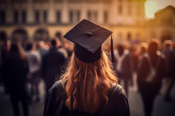Female university student with a square academic cap seen from behind,  concept of graduation, accomplishment and bright future