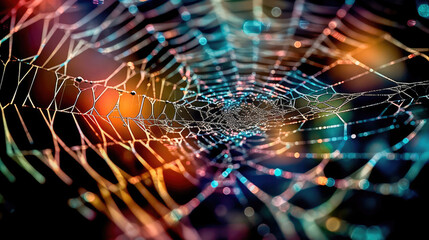 Abstract illustration of a shiny spider web on a colored background, creating a blurry pattern of lines and shapes. Generative AI