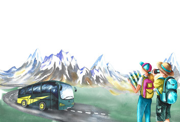 Tourists with a map and a camera on the background of mountains and a tourist bus. watercolor hand drawn illustration. Designed for flyers, banners and postcards. For invitations and posters.