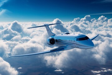 Private Jet Soaring Through a Blue Sky with Clouds, Generative AI