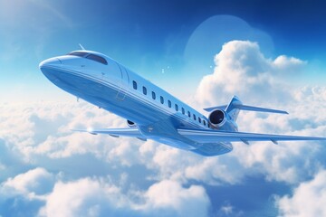Naklejka na ściany i meble Private Jet Soaring Through a Blue Sky with Clouds, Generative AI