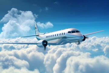 Fototapeta premium Private Jet Soaring Through a Blue Sky with Clouds, Generative AI