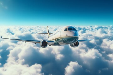 Private Jet Soaring Through a Blue Sky with Clouds, Generative AI