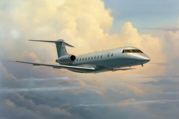 Obraz premium Private Jet Soaring Through a Blue Sky with Clouds, Generative AI