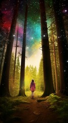 A young girl walks through a breathtaking forest