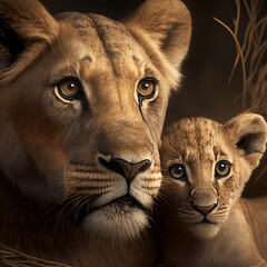 Animal cute Baby lion with it's mom AI generated