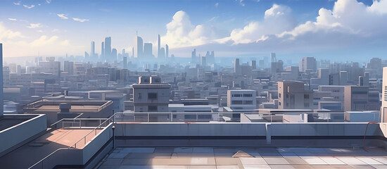 A view of a city from a rooftop, minimalistic style, cinematic perspective, urban landscape, anime aesthetic.