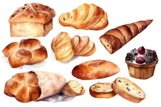 Watercolor bakery breads products isolated on white background, various breads in cafe shop, Delicious buns, pancake, and others baked, with Generative Ai.