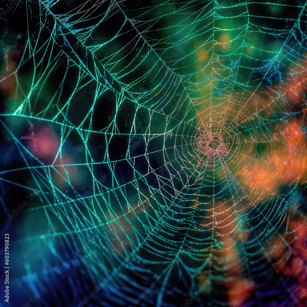 Wall mural abstract illustration of a shiny spider web on a colored background, creating a blurry pattern of li