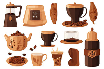 Watercolor Coffee elements menu objects isolated on white background, various coffee cups in cafe shop, morning drinks espresso, cappuccino, delicious beverages clipart set, with Generative Ai.