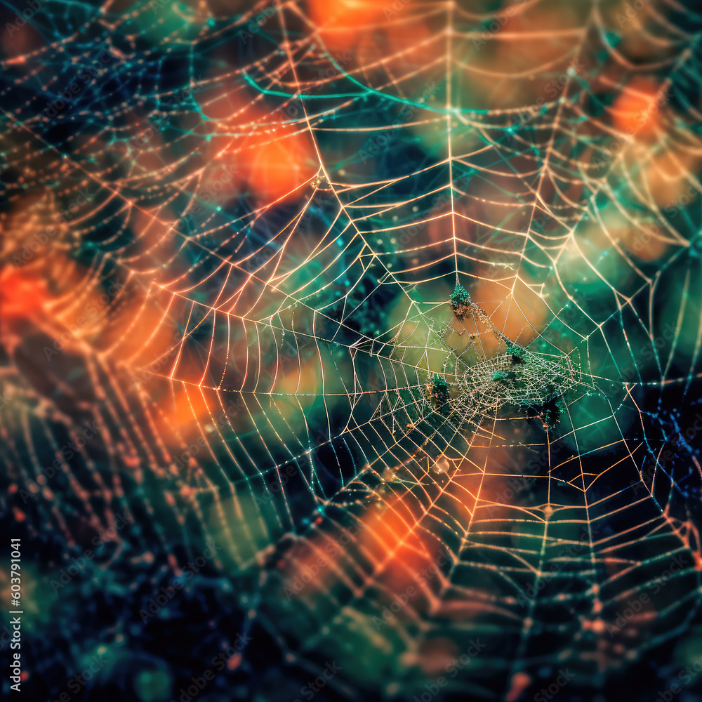 Wall mural abstract illustration of a shiny spider web on a colored background, creating a blurry pattern of li